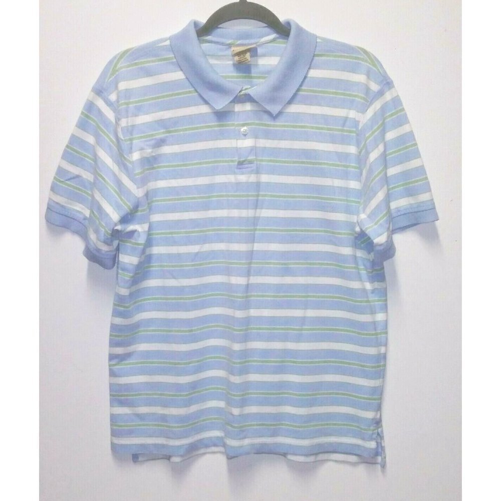 L.L Bean Mens Polo Shirt Striped Size M 100% Cotton Short sleeve light blue